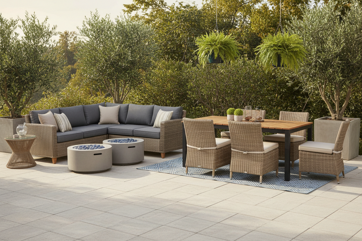 Outdoor furniture collection with sectional seating and dining set