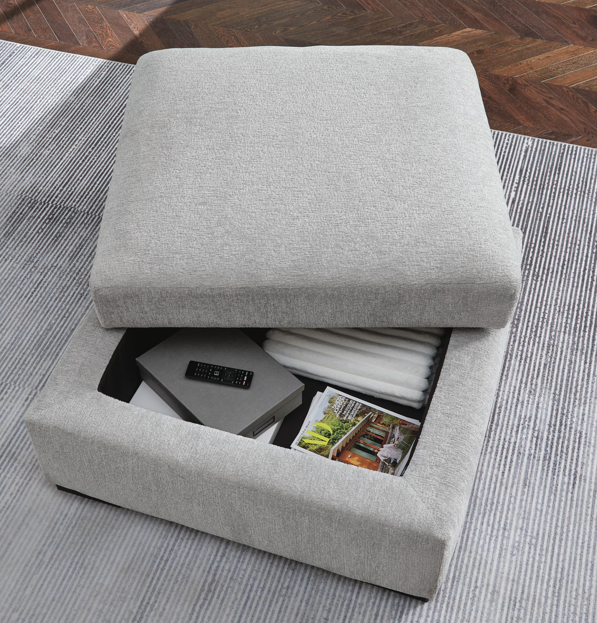 Gabyleigh Ottoman With Storage in Nickel, open storage