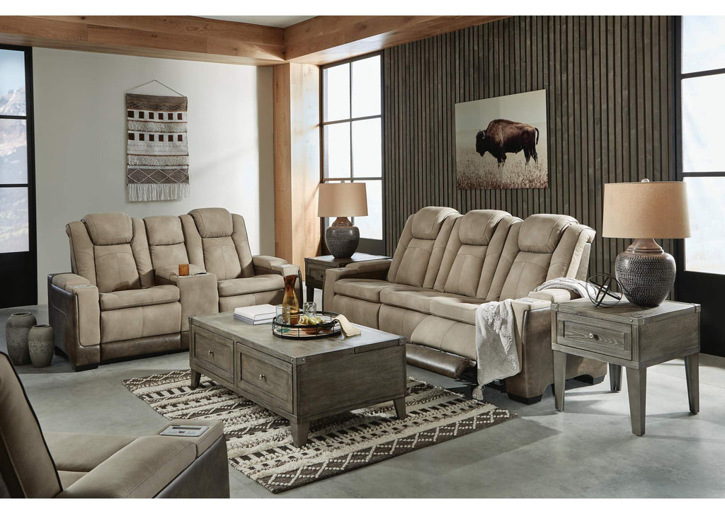 Next-Gen DuraPella Dual Power Reclining Sofa with Drop-Down Table, Loveseat with Storage Arms and Recliner in Sand — detail 2