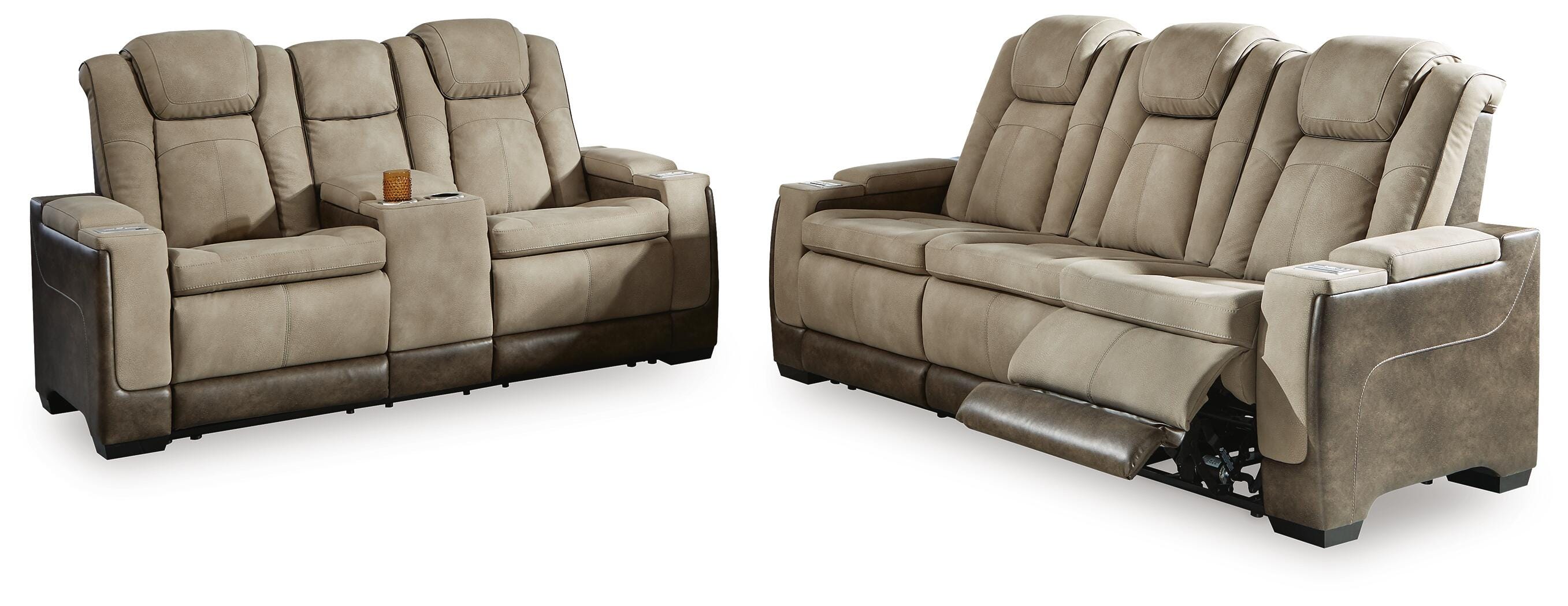 Next-Gen DuraPella Dual Power Reclining Sofa with Drop-Down Table and Loveseat with Storage Arms in Sand — main view