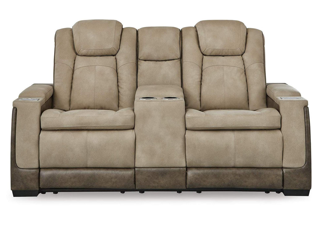 Next-Gen DuraPella Dual Power Reclining Sofa with Drop-Down Table and Loveseat with Storage Arms in Sand — detail 5