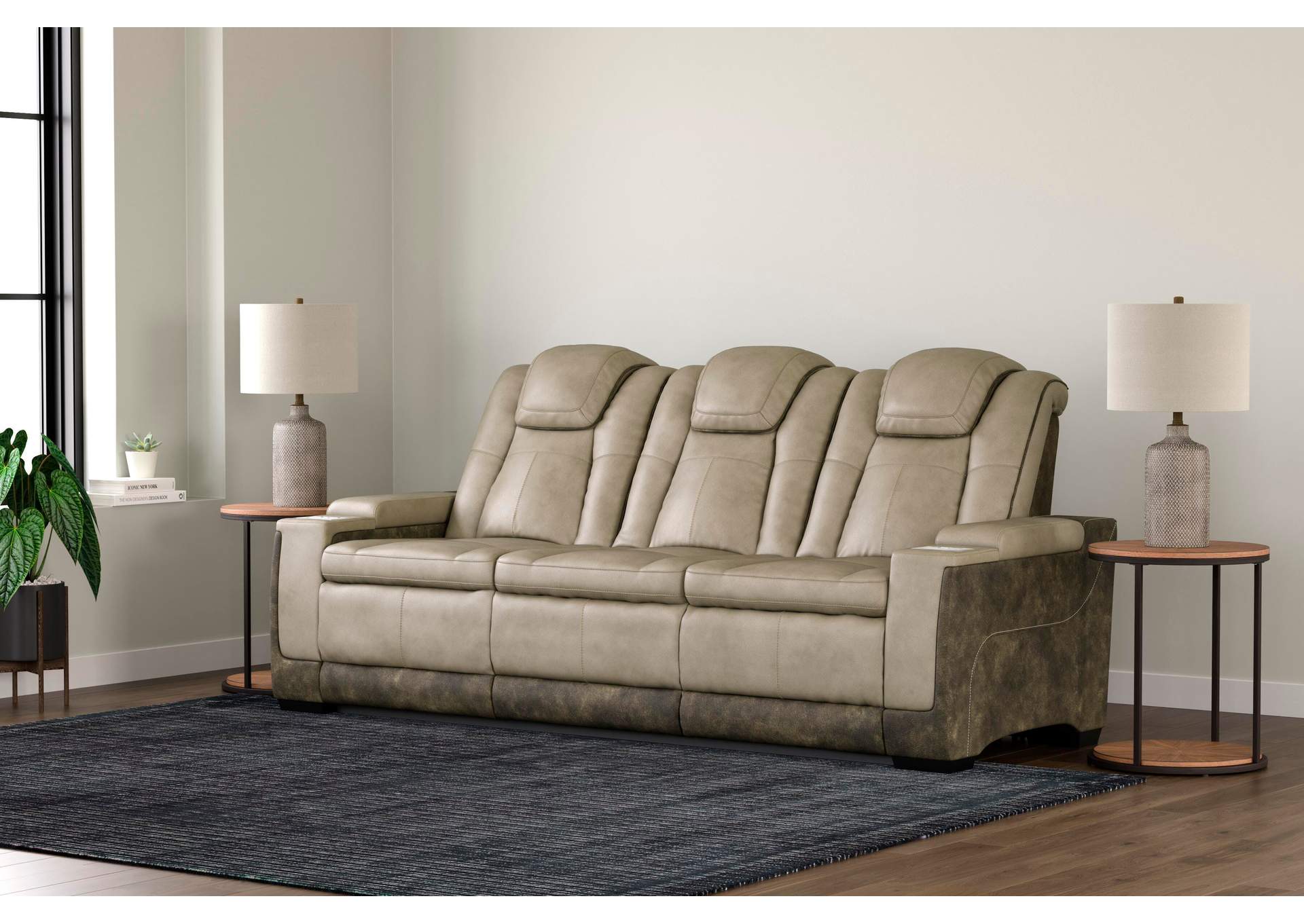 Next-Gen DuraPella Dual Power Reclining Sofa with Drop-Down Table and Loveseat with Storage Arms in Sand — detail 2
