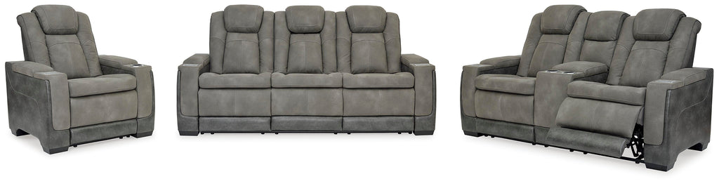 Next-Gen DuraPella Dual Power Reclining Sofa with Drop-Down Table, Loveseat with Storage Arms and Recliner in Slate — main view