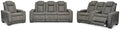 Next-Gen DuraPella Dual Power Reclining Sofa with Drop-Down Table, Loveseat with Storage Arms and Recliner in Slate — main view