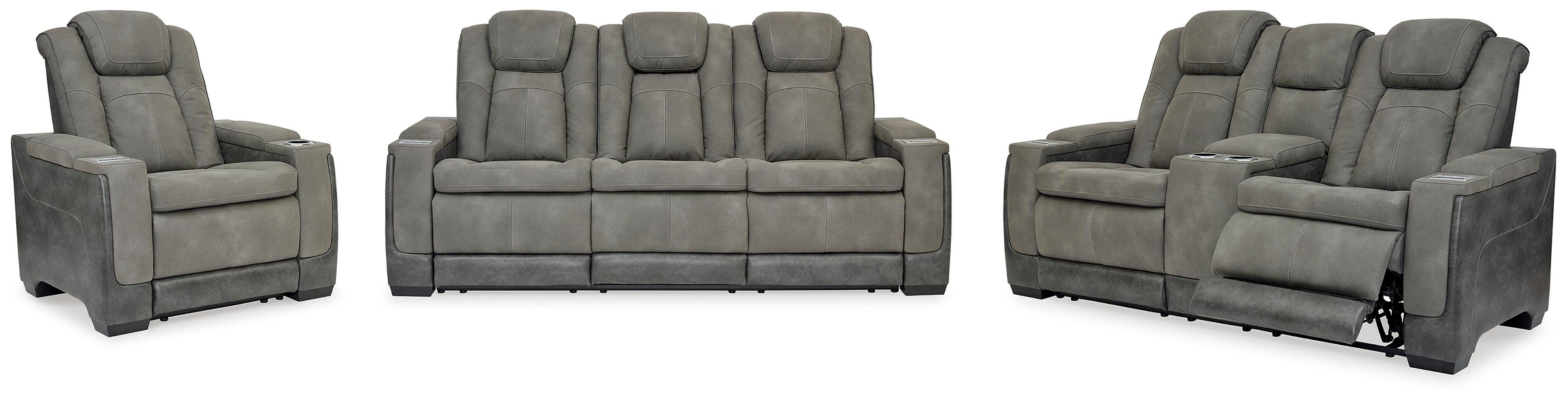 Next-Gen DuraPella Dual Power Reclining Sofa with Drop-Down Table, Loveseat with Storage Arms and Recliner in Slate — main view