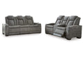 Next-Gen DuraPella Dual Power Reclining Sofa with Drop-Down Table and Loveseat with Storage Arms in Slate — main view