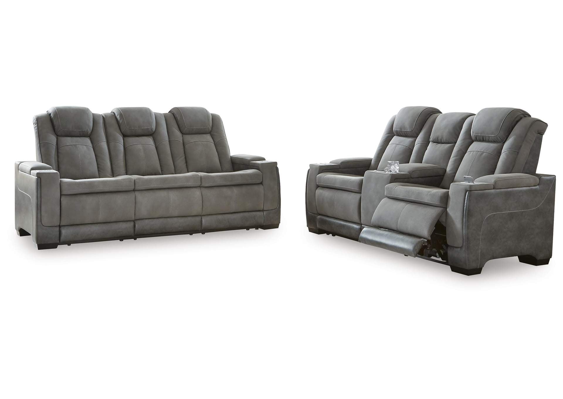 Next-Gen DuraPella Dual Power Reclining Sofa with Drop-Down Table and Loveseat with Storage Arms in Slate — main view