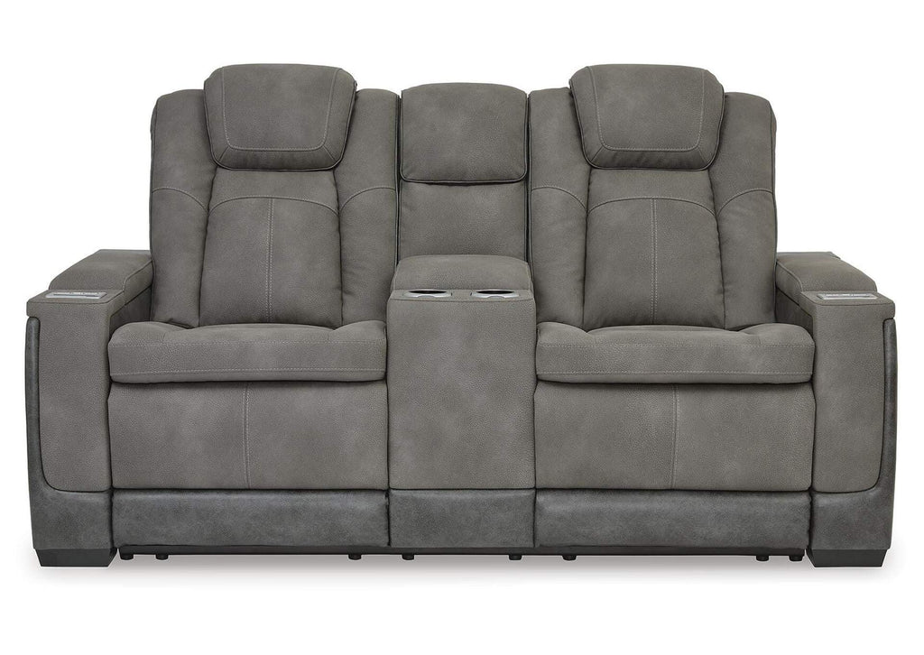 Next-Gen DuraPella Dual Power Reclining Sofa with Drop-Down Table, Loveseat with Storage Arms and Recliner in Slate — detail 4