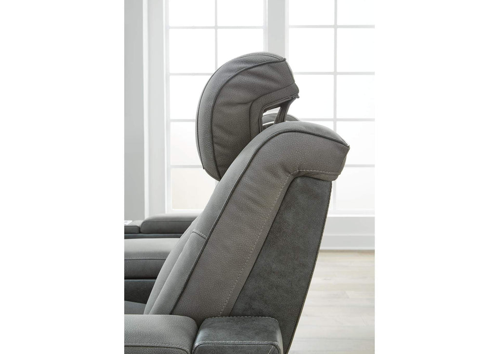 Next-Gen DuraPella Dual Power Reclining Sofa with Drop-Down Table and Loveseat with Storage Arms in Slate — detail 6