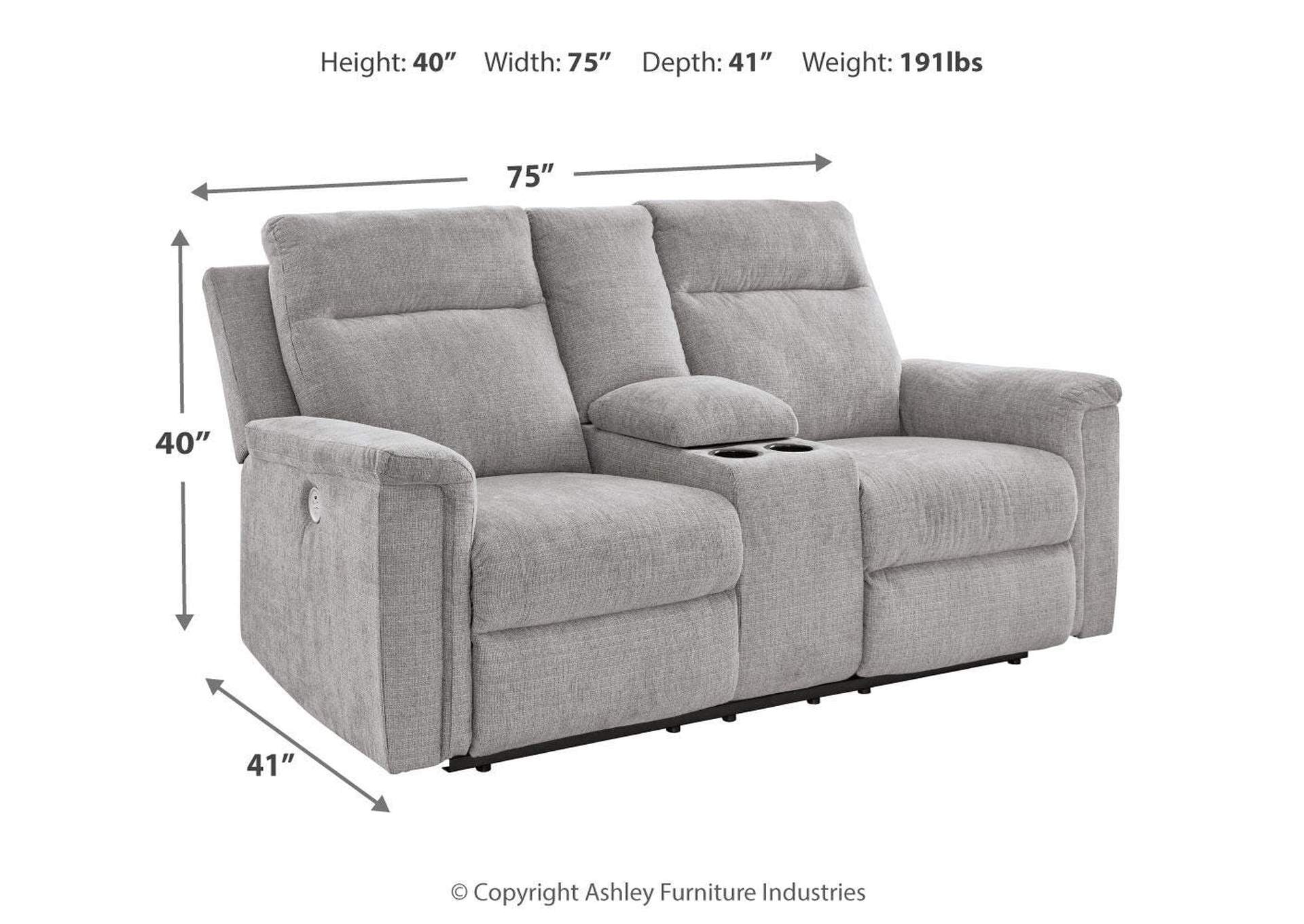 Barnsana Power Reclining Loveseat with Console dimensions