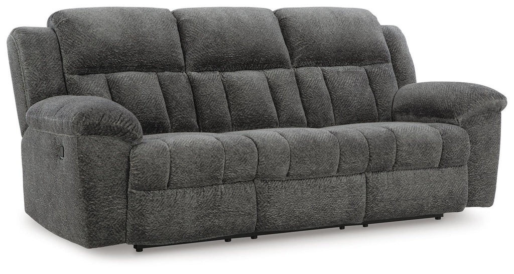Frohn Reclining Sofa in Graphite, closed view