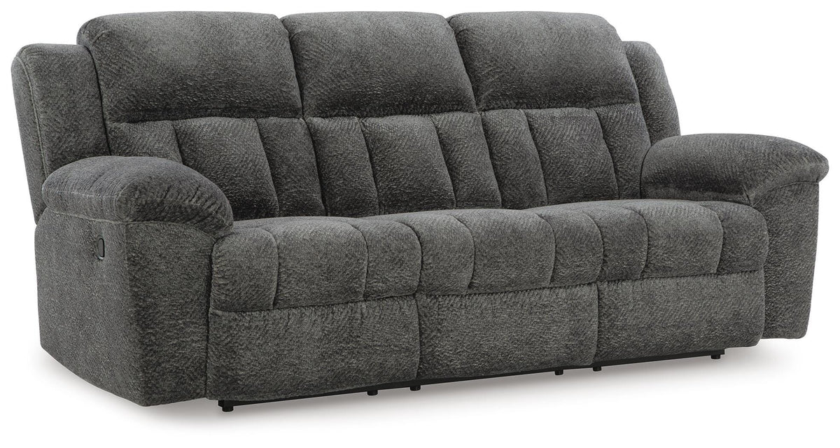 Frohn Reclining Sofa in Graphite, closed view