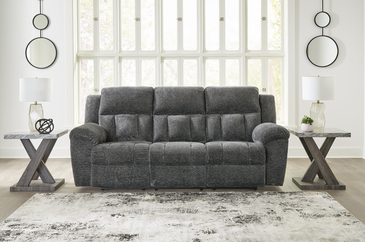 Frohn Reclining Sofa in Graphite, closed view