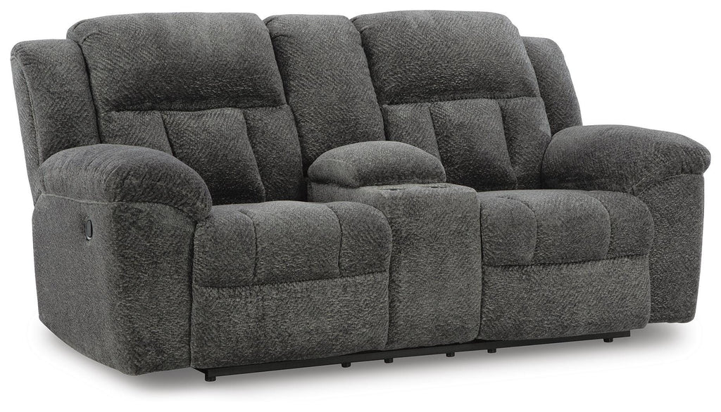 Frohn Reclining Loveseat with Console in Graphite, closed view