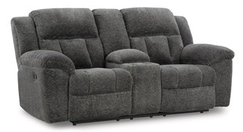 Frohn Reclining Loveseat with Console in Graphite, closed view