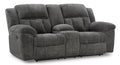 Frohn Reclining Loveseat with Console in Graphite, closed view