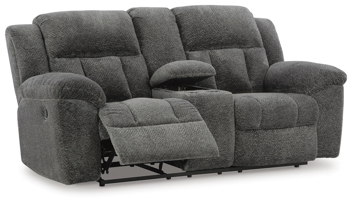 Frohn Reclining Loveseat with Console in Graphite, open view