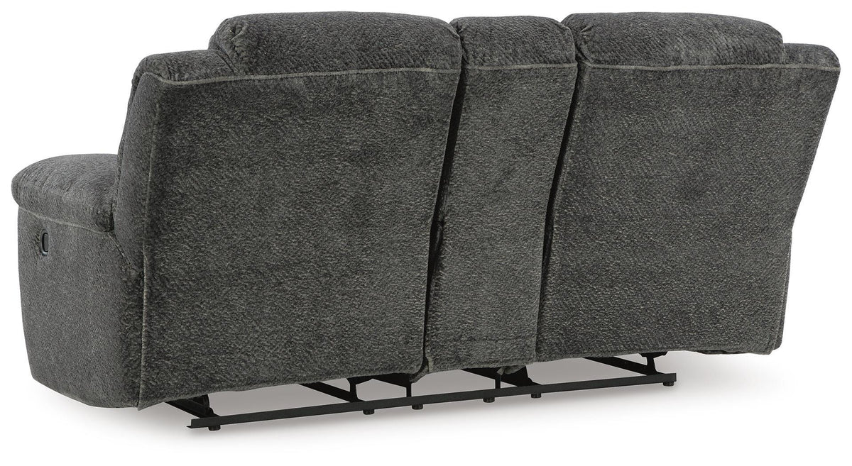 Frohn Reclining Loveseat with Console in Graphite, back view
