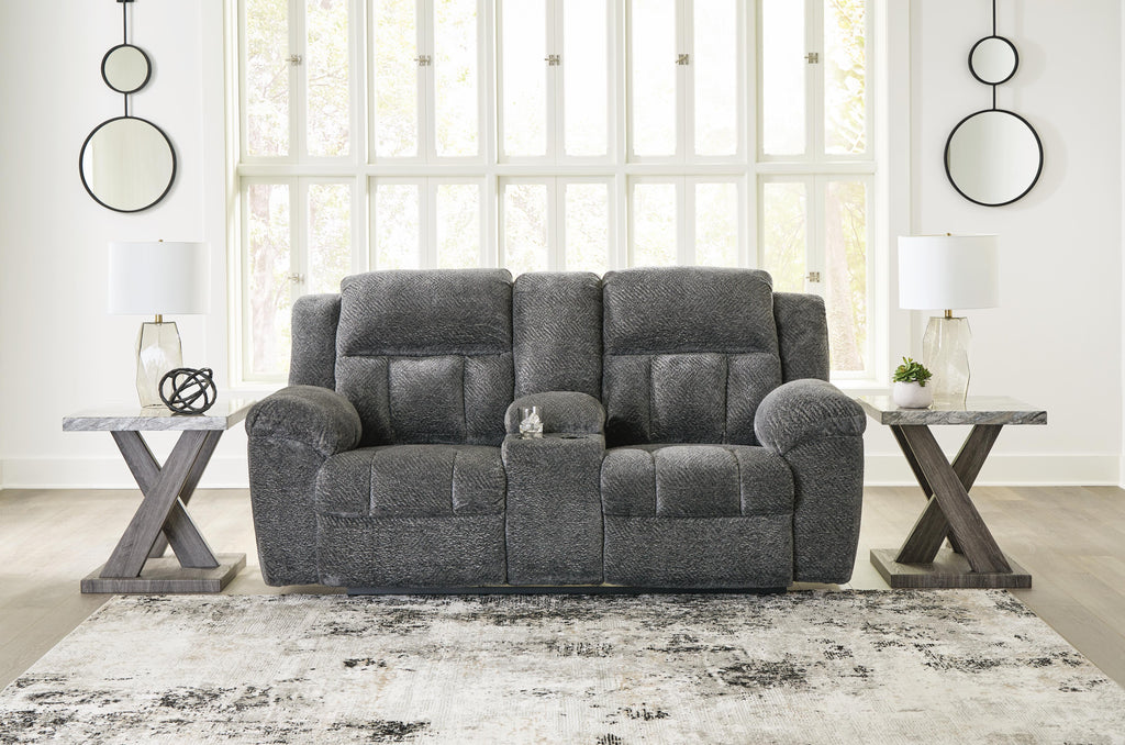 Frohn Reclining Loveseat with Console in Graphite, closed view