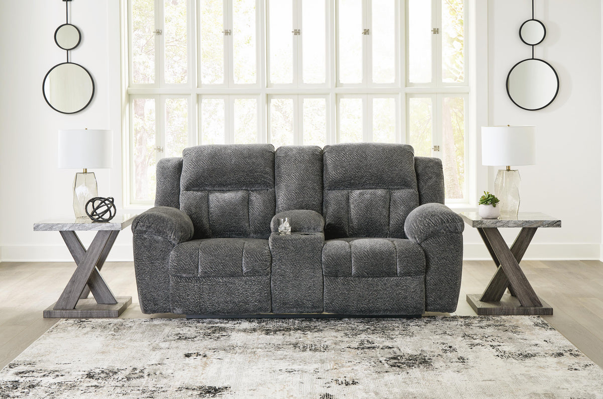 Frohn Reclining Loveseat with Console in Graphite, closed view