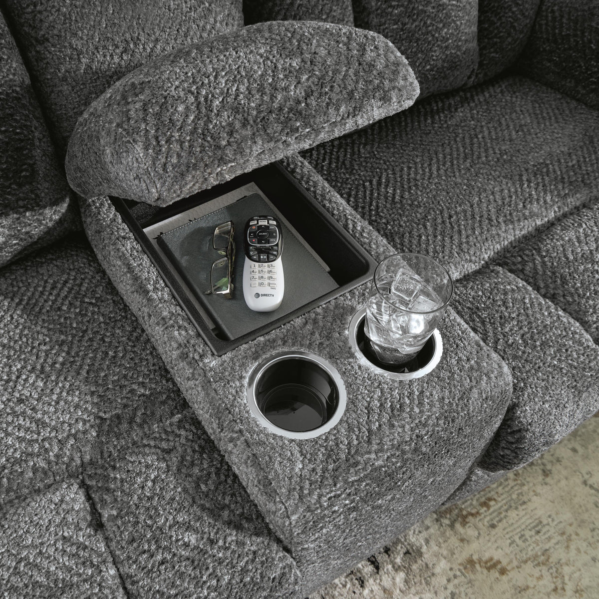 Frohn Reclining Loveseat with Console in Graphite, detail view