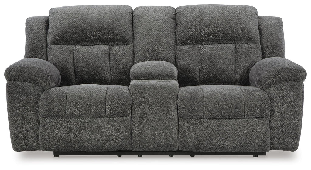 Frohn Reclining Loveseat with Console in Graphite, front view