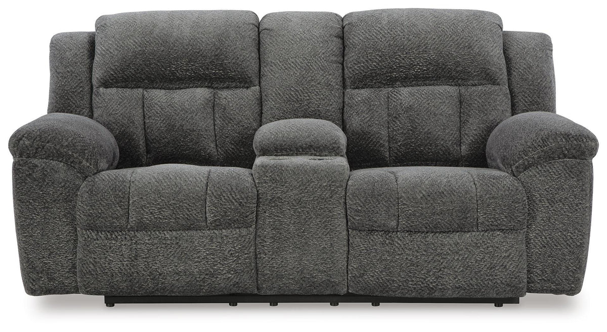 Frohn Reclining Loveseat with Console in Graphite, front view