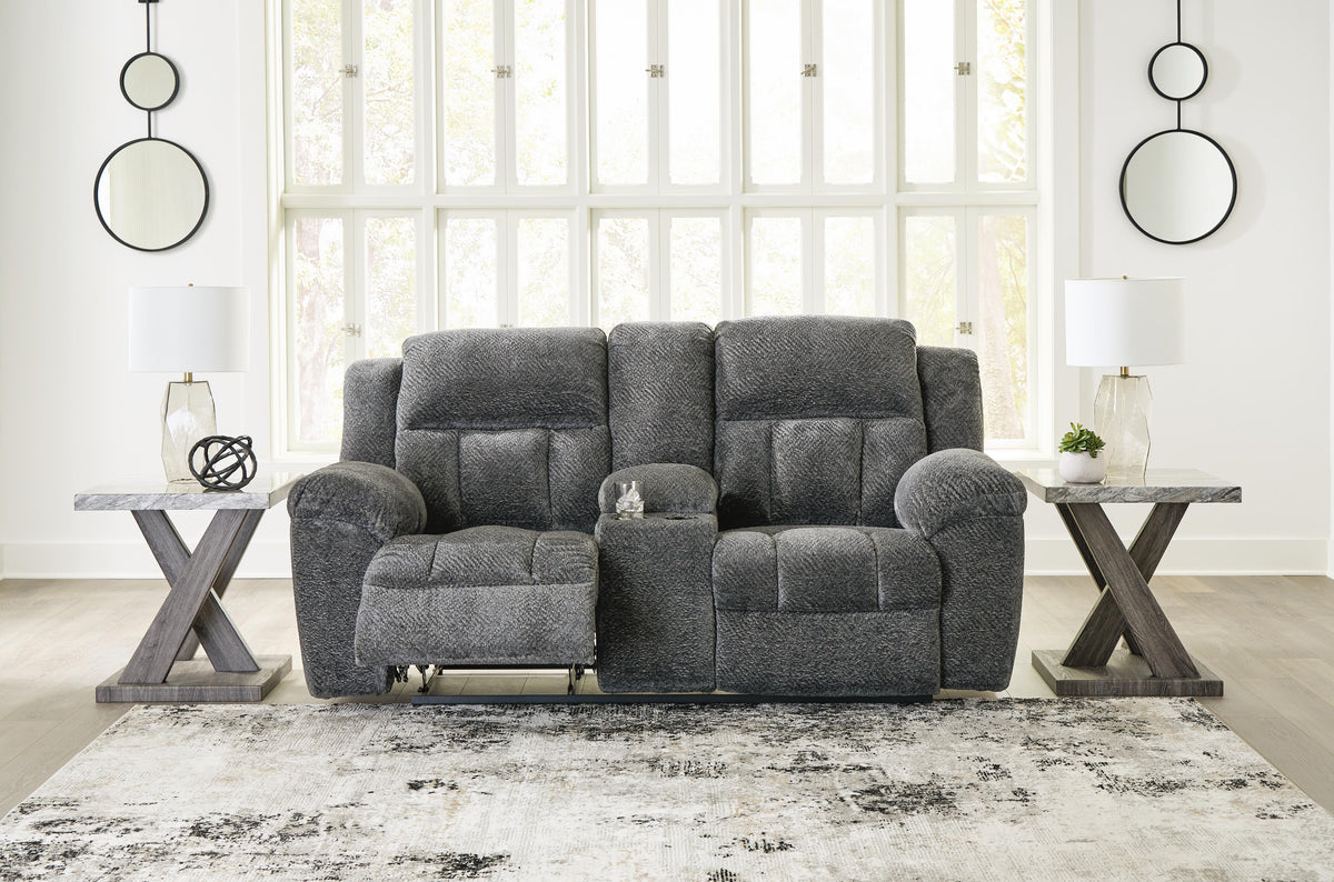Frohn Reclining Loveseat with Console in Graphite, open view