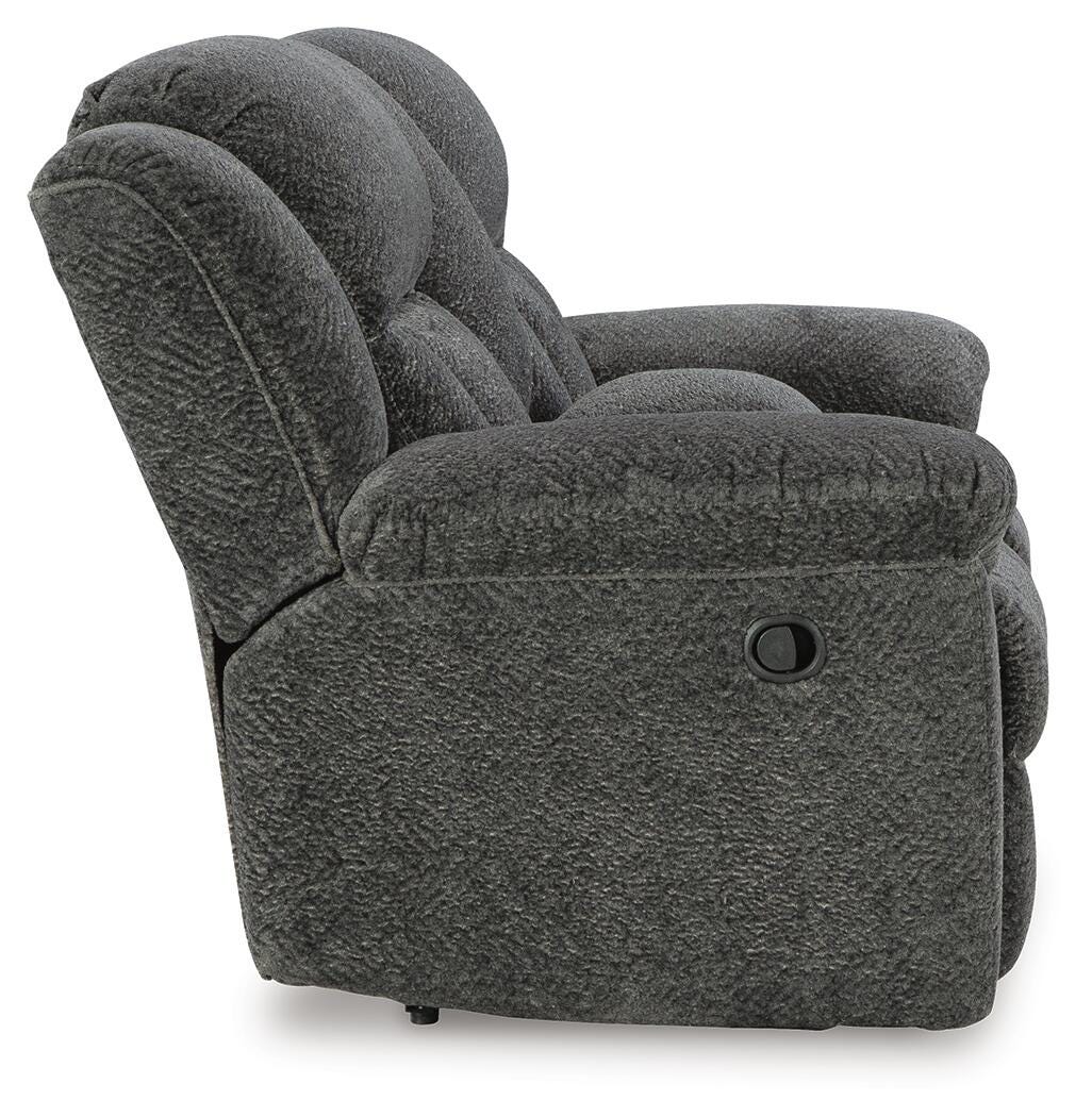 Frohn Reclining Loveseat with Console in Graphite, side view