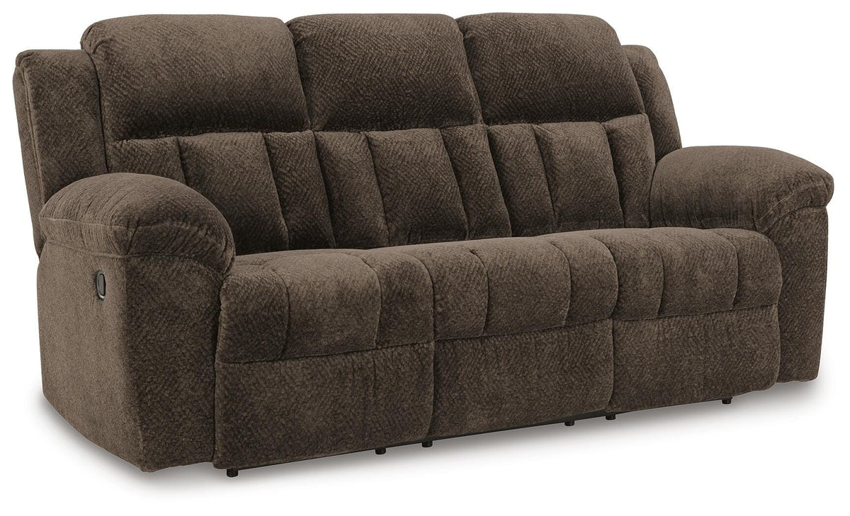 Frohn Reclining Sofa in Chocolate, closed view