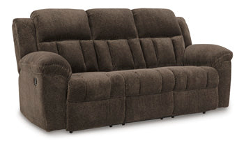 Frohn Reclining Sofa in Chocolate, closed view
