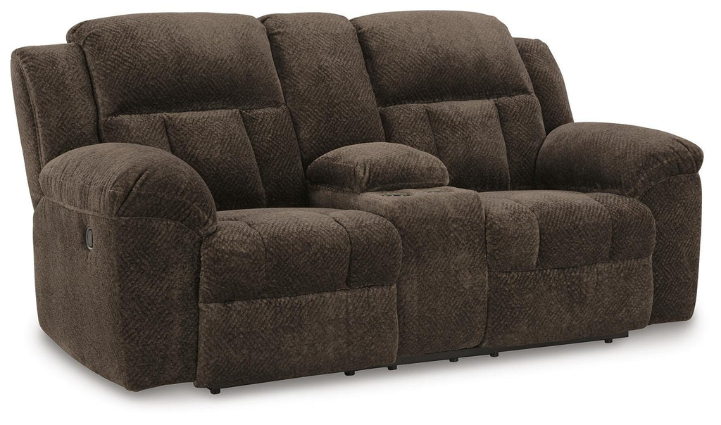 Frohn Reclining Loveseat with Console in Chocolate, closed view