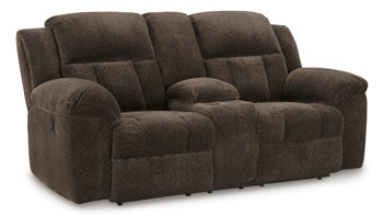 Frohn Reclining Loveseat with Console in Chocolate, closed view