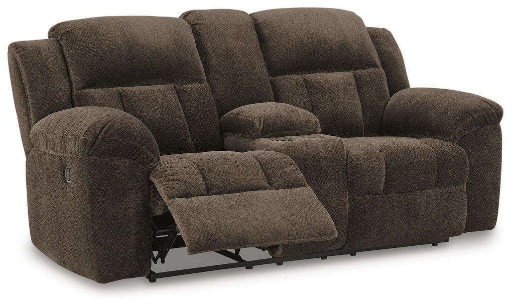 Frohn Reclining Loveseat with Console in Chocolate, open view