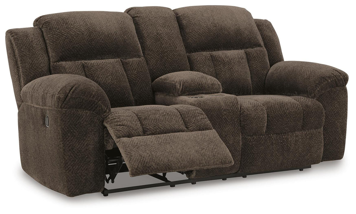 Frohn Reclining Loveseat with Console in Chocolate, open view