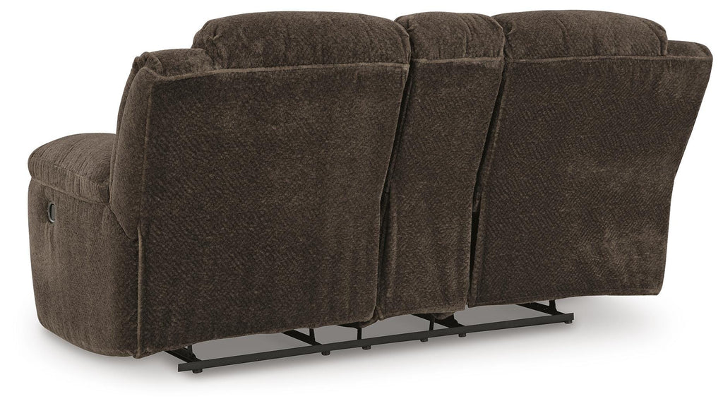 Frohn Reclining Loveseat with Console in Chocolate, back view