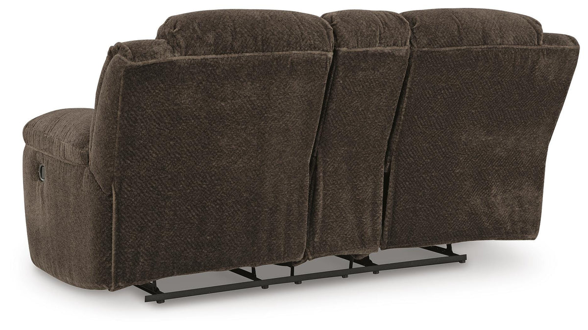 Frohn Reclining Loveseat with Console in Chocolate, back view