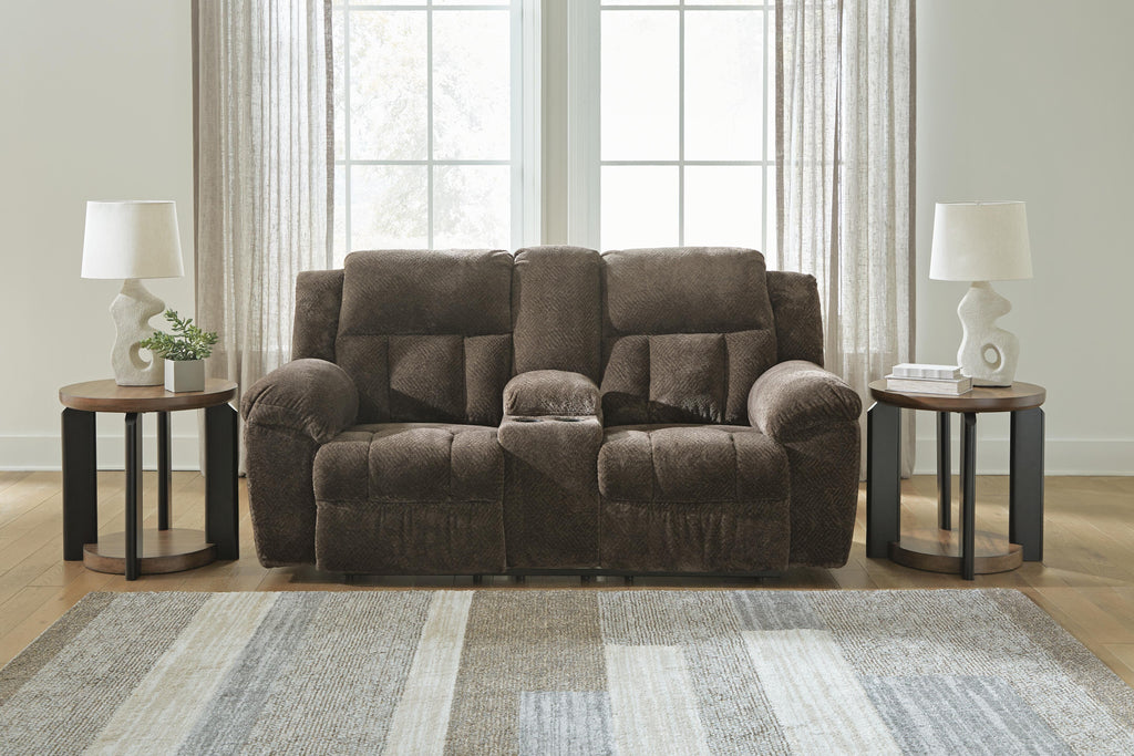 Frohn Reclining Loveseat with Console in Chocolate, closed view