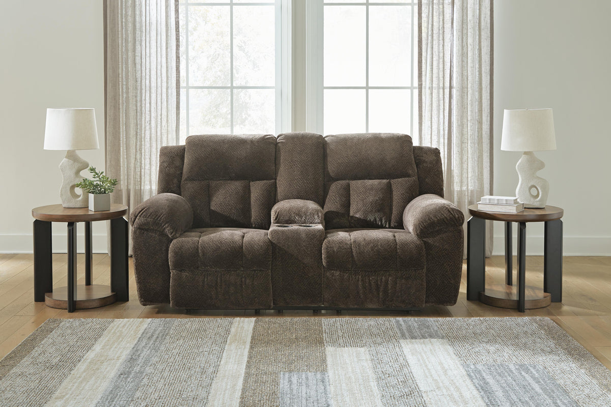Frohn Reclining Loveseat with Console in Chocolate, closed view