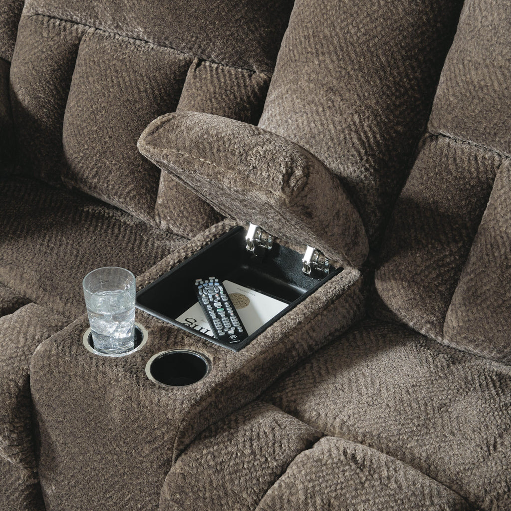Frohn Reclining Loveseat with Console in Chocolate, detail view