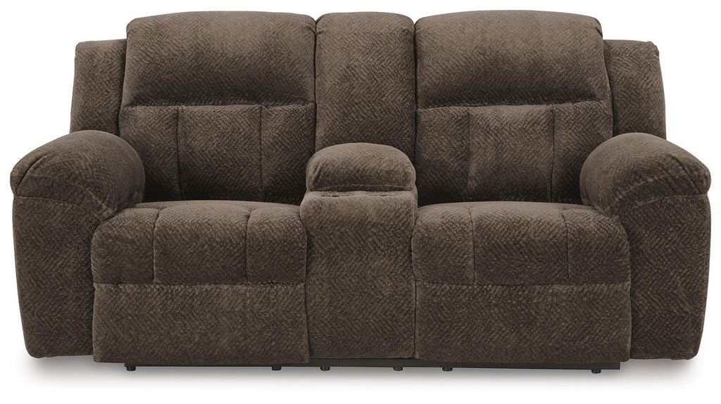 Frohn Reclining Loveseat with Console in Chocolate, front view