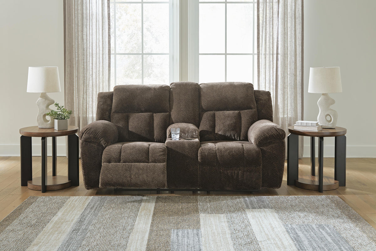 Frohn Reclining Loveseat with Console in Chocolate, open view