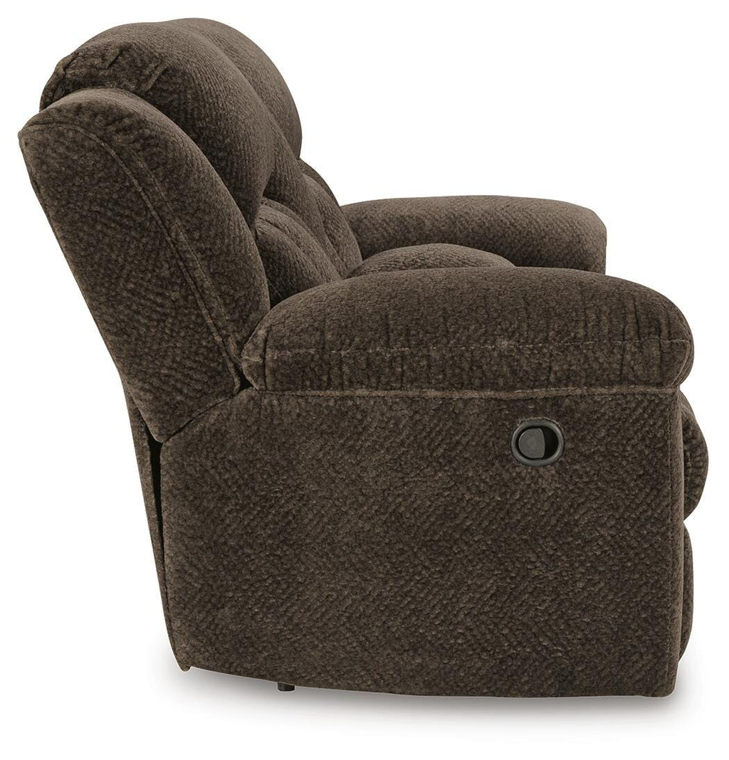Frohn Reclining Loveseat with Console in Chocolate, side view