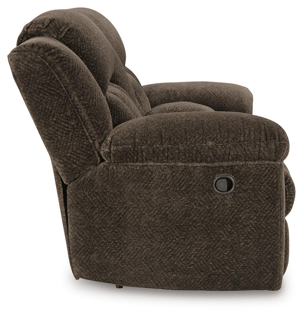 Frohn Reclining Loveseat with Console in Chocolate, side view