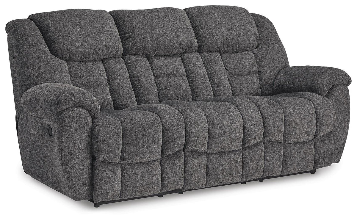 Foreside Reclining Sofa in Charcoal, closed view