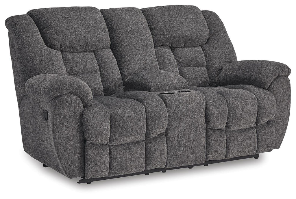 Foreside Reclining Loveseat with Console in Charcoal, closed view