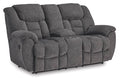 Foreside Reclining Loveseat with Console in Charcoal, closed view
