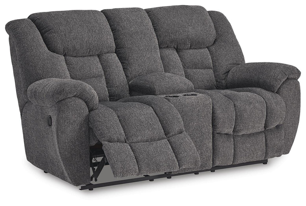 Foreside Reclining Loveseat with Console in Charcoal, open view