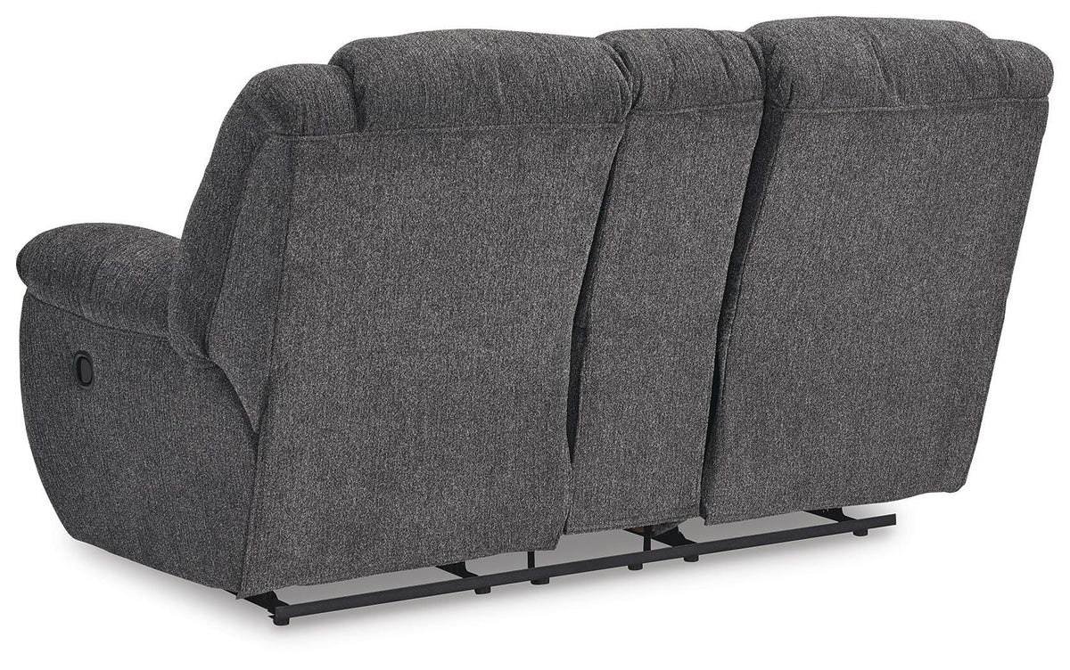 Foreside Reclining Loveseat with Console in Charcoal, back view
