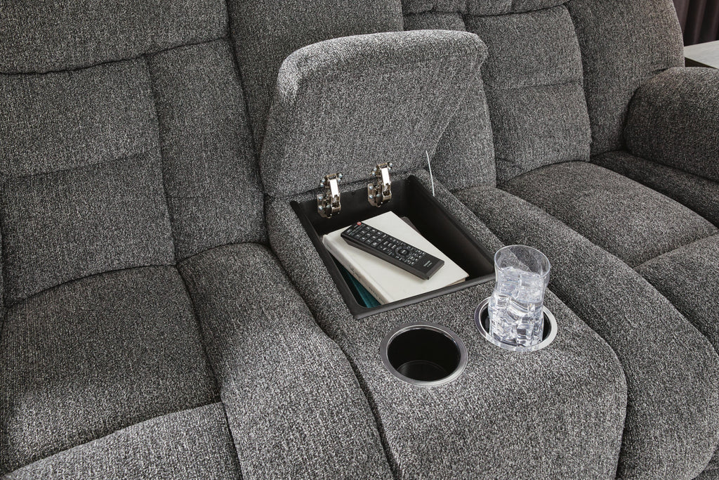 Foreside Reclining Loveseat with Console in Charcoal, detail view